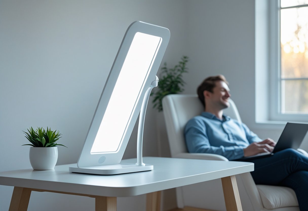 Kirkasvalolamppu pöydällä hyvin valaistussa huoneessa, jossa henkilö istuu rentoutuneena lähellä lamppua.