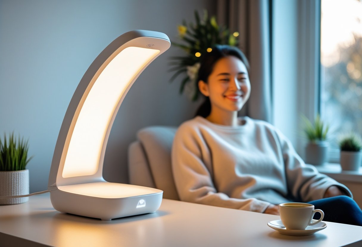 Henkilö istuu mukavasti pöydän ääressä kirkasvalolampun valossa, hymyillen ja näyttäen virkistyneeltä.