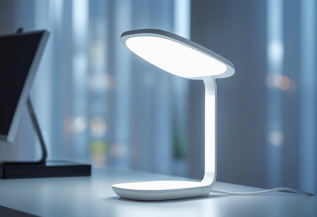 Kirkas LED-lamppu pöydällä valaisee sisätilaa.