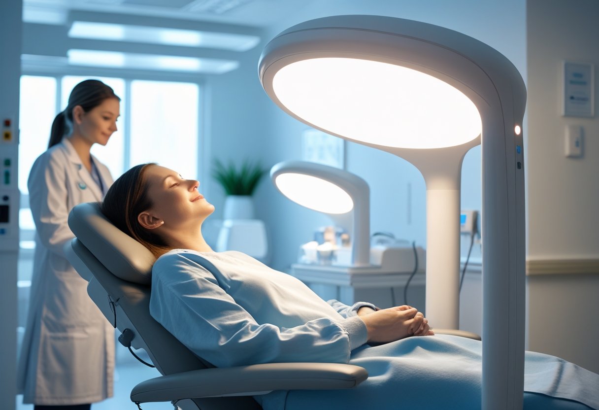 Potilas istuu rauhallisesti kirkasvalolampun edessä klinikalla, hoitohenkilökunta valvoo hoitoa turvallisesti.